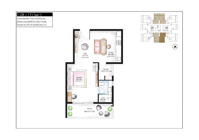 Waterfall suites - 1 BHK Apartment Plan