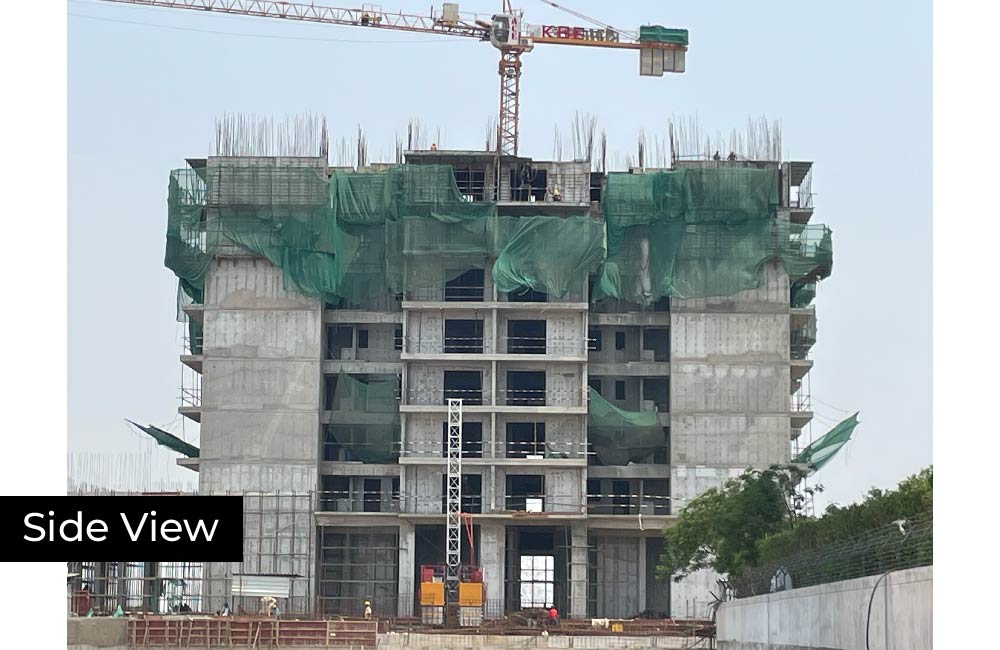 Construction update showing the installation of sunshades on the facade.